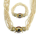 18K Yellow Gold Pearl 9.6ct Diamond, 2.4ct Rubies, and 2.5ct Cabochon Sapphire Necklace
