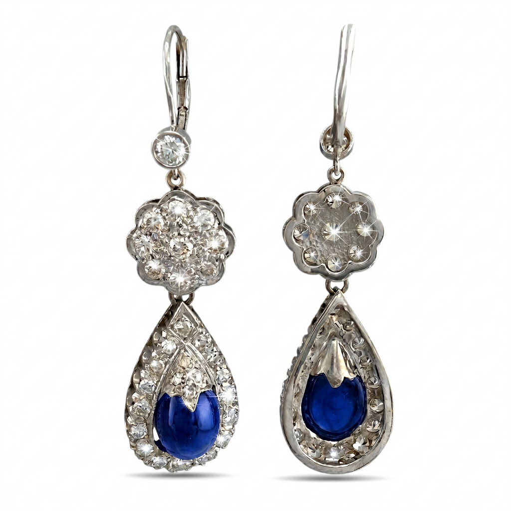 14K White Gold 7ct Sapphire and 2.36ct Diamond Drop Earrings