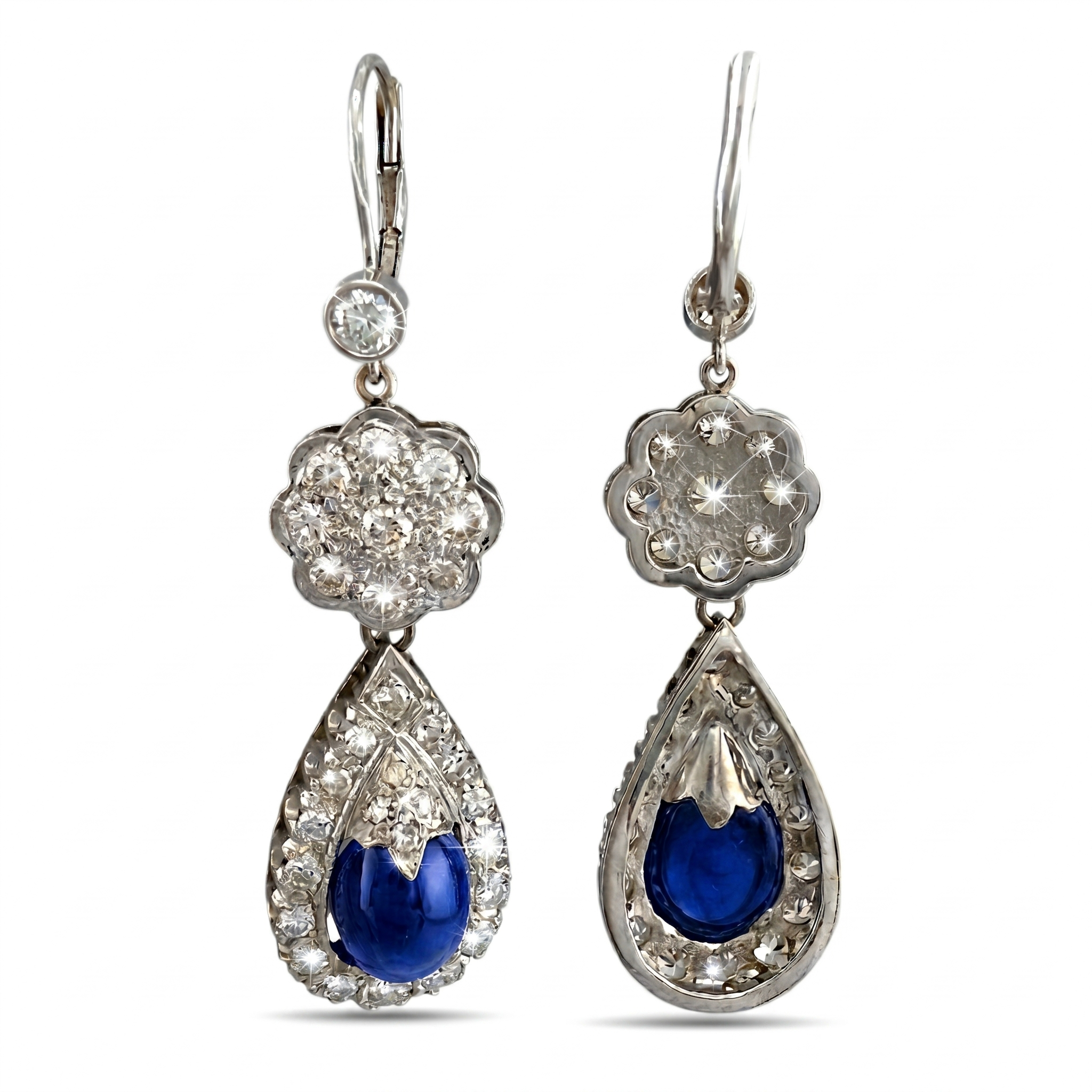 14K White Gold 7ct Sapphire and 2.36ct Diamond Drop Earrings