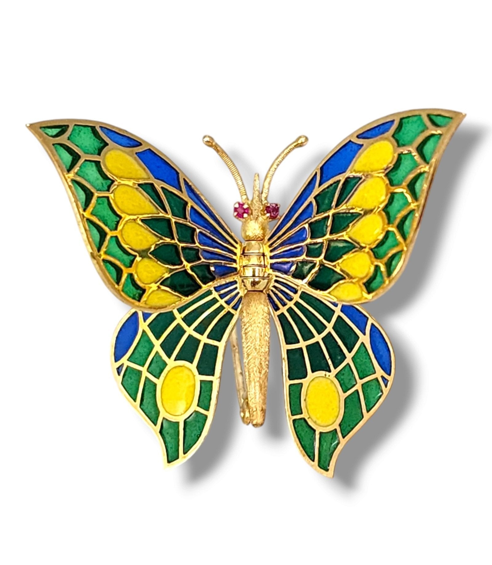 Brooch - 14 kt. Yellow gold, Lovely Rare Gold, Plique-à-jour Enamel &  Diamond Brooch Butterfly