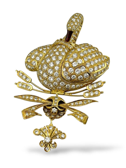 18K Yellow Gold 8.0ct. Diamond-Swan Brooch