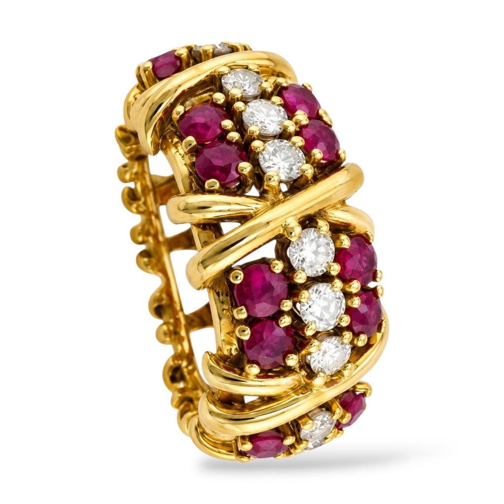 Vintage 18k yellow gold ring with clusters of ruby and round diamond accents