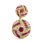 Gold ruby and diamond drop earring, angled view with circular top and layered purple setting