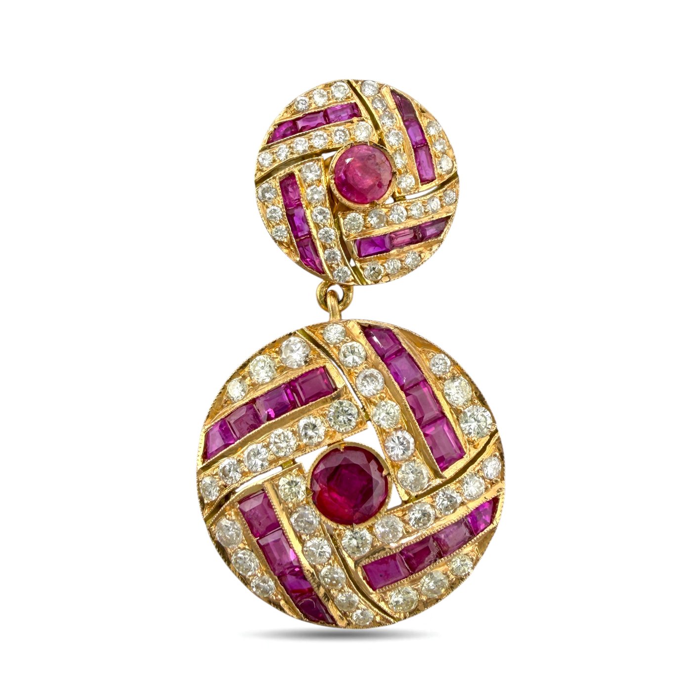 Gold ruby and diamond drop earring, angled view with circular top and layered purple setting