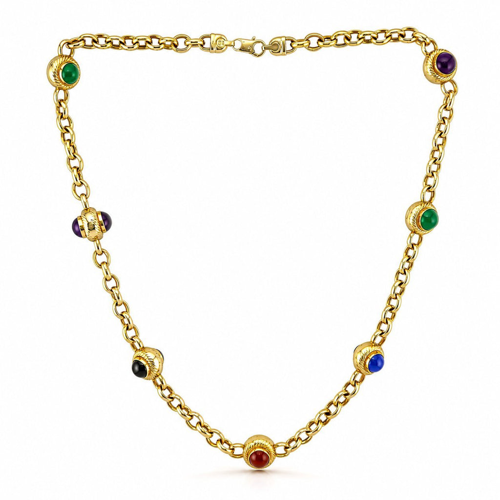 Italian 14K Yellow Gold Multi Gemstone Cabochon Round Necklace