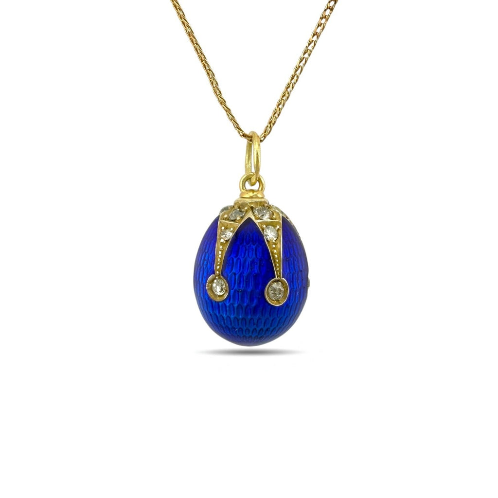Imperial Russian 14K Yellow Gold and Blue Enamel 0.9ct Diamond Egg Pendant