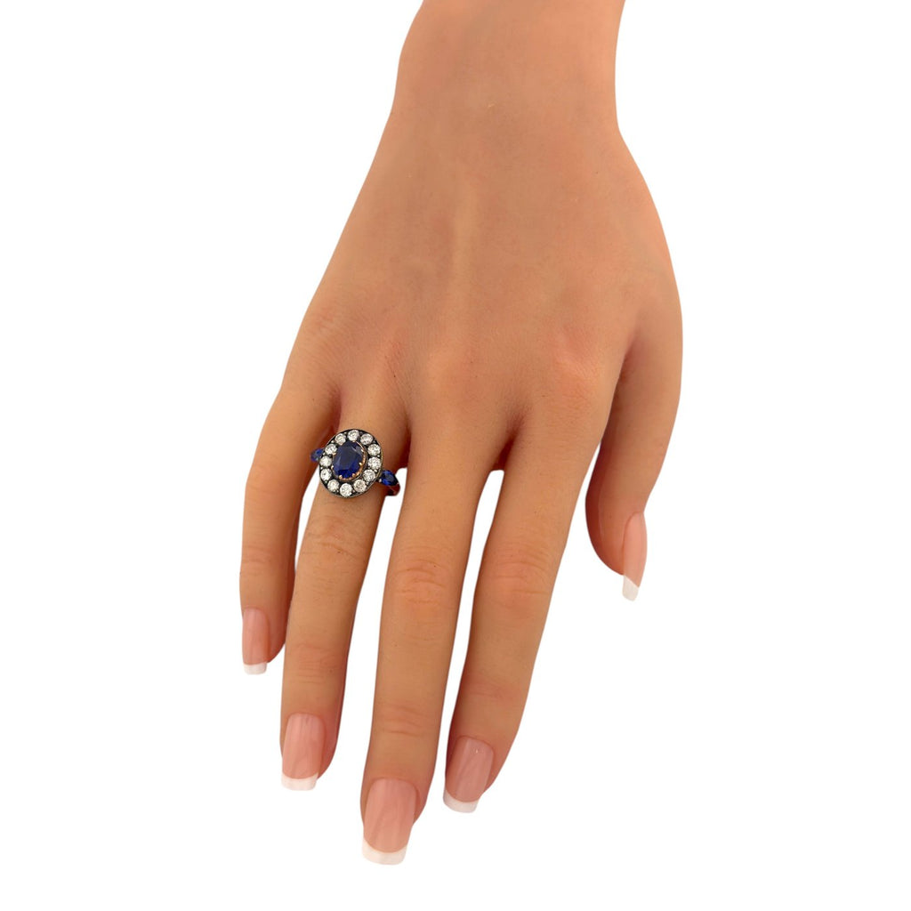 K. Faberge Imperial Russian 56K Rose Gold 1.00ct Diamond and 1.90ct Sapphire Ring