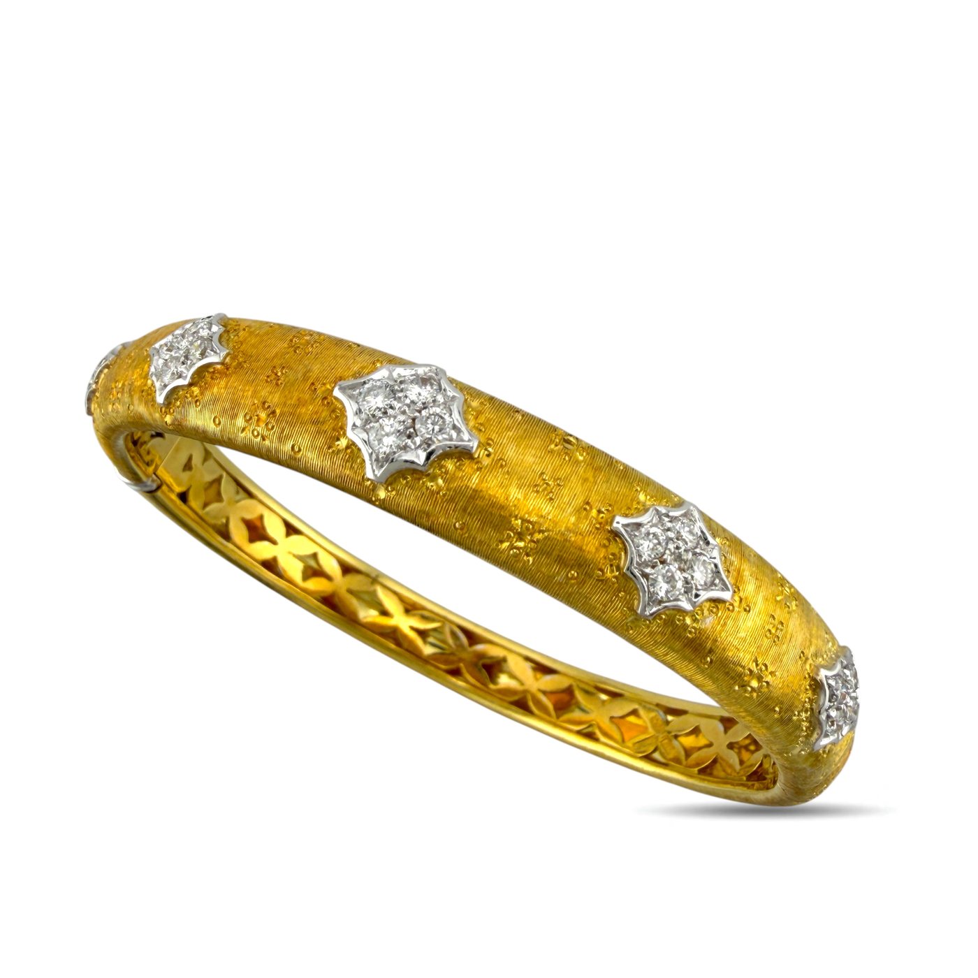 Italian 18K Yellow Gold Brushed 0.60ct Diamond Hinged Bracelet