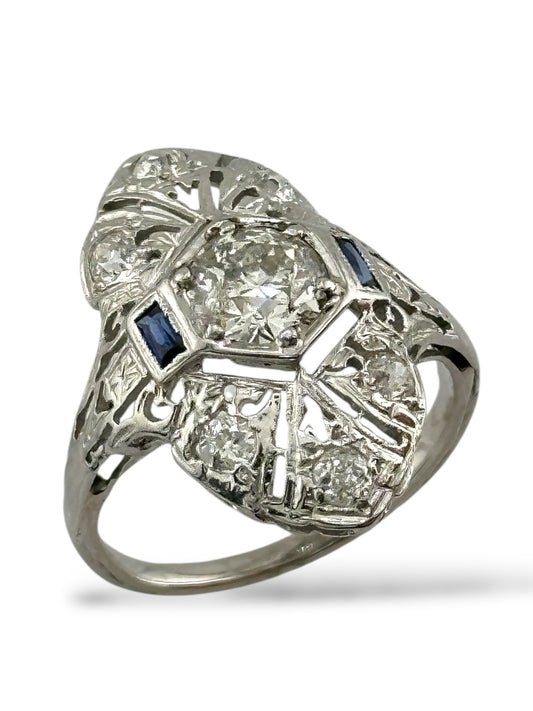 Art Deco 18K White Gold Ring with 0.90 Carat Diamond and Sapphires