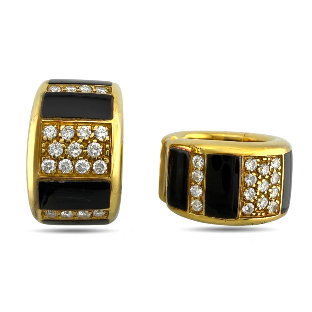 18K Yellow Gold 0.76ct Diamond and Black Enamel Hinged Huggy Earrings