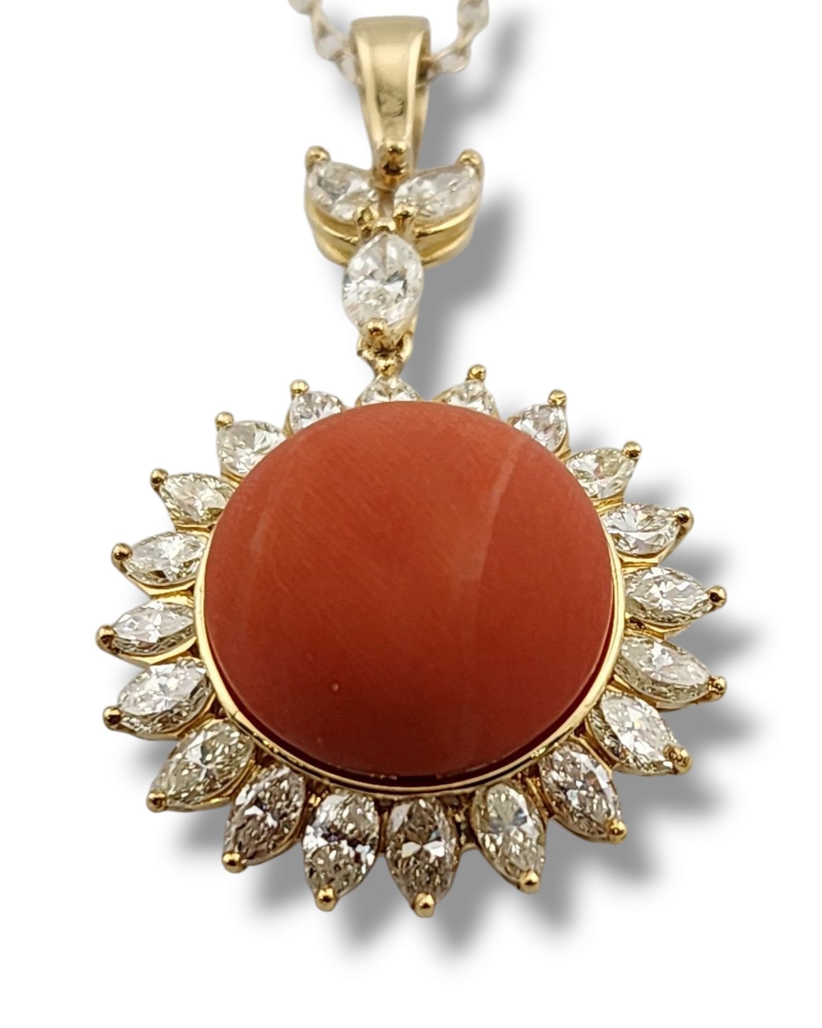 Women’s 18K Gold Necklace with Large Coral and Marquise Cut Diamonds