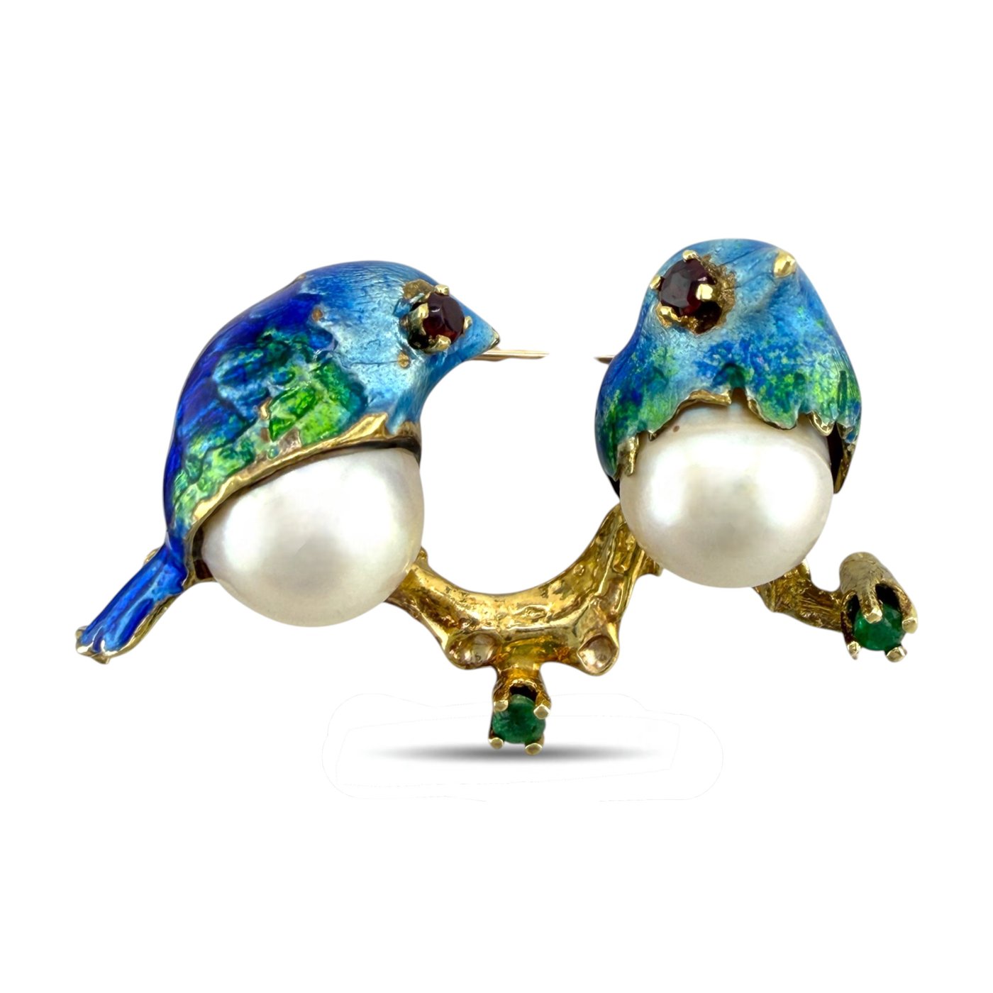 18K Yellow Gold Enamel Pearl Ruby and Emerald Bird Brooch