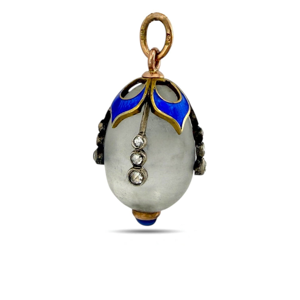 Imperial Russian Jewelled 56K Gold and Blue Enamel Egg Pendant