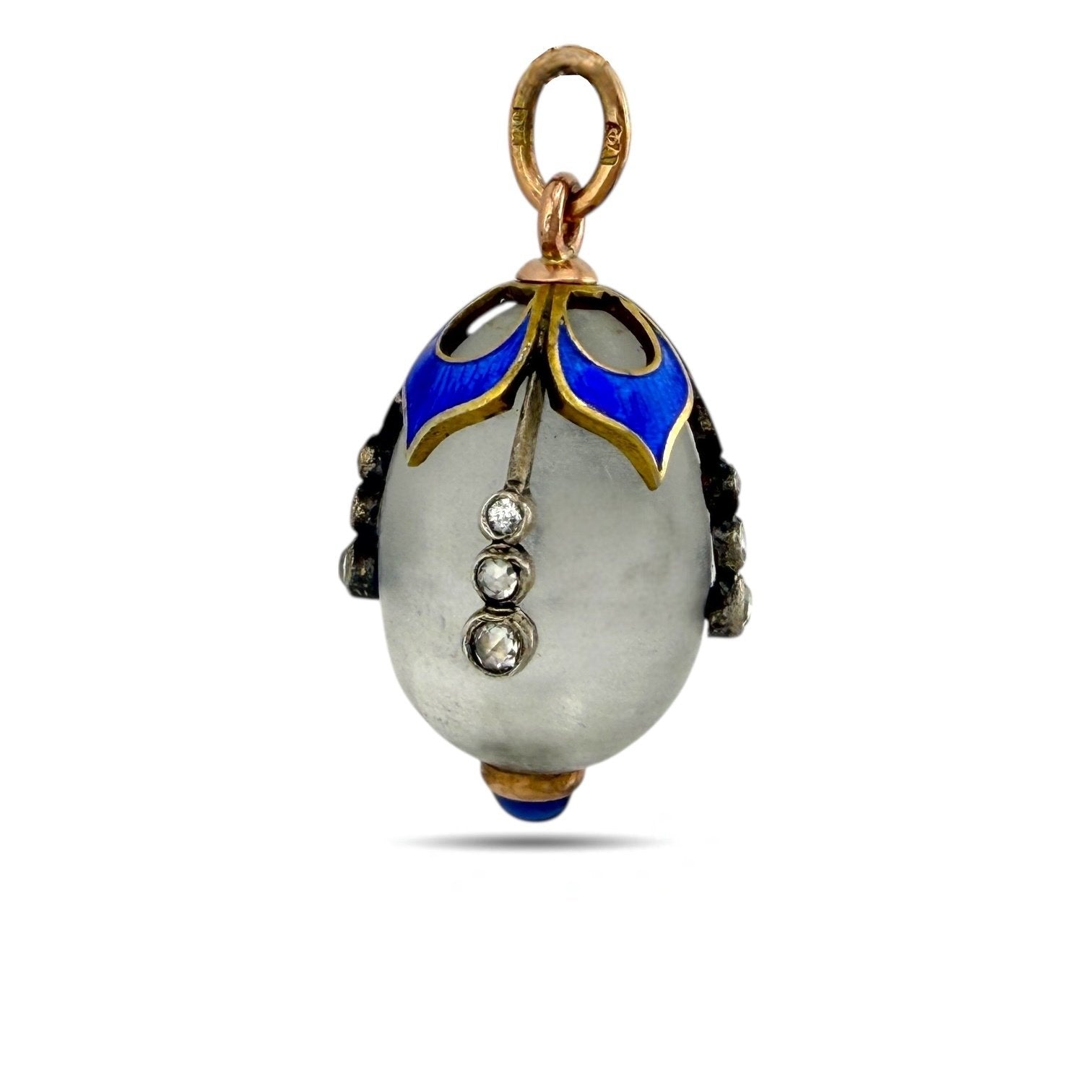 Imperial Russian Jewelled 56K Gold and Blue Enamel Egg Pendant