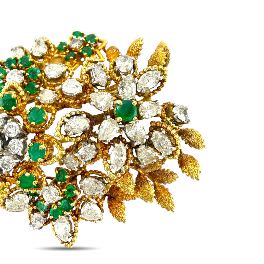 18K Yellow Gold 11ct Diamond and 4ct Emerald Wheat and Sunflower Brooch