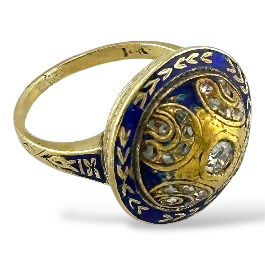 Antique Victorian Yellow Gold and Enamel Women's Ring with Diamonds