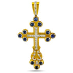 Full front gold cross pendant with blue stones and diamond borders