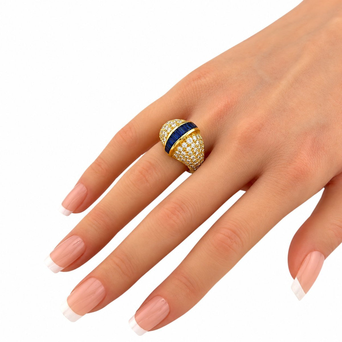 18K yellow gold ring with sapphire band and diamond pavé