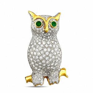 French 14K Yellow Gold 10.00ct Diamond and 0.30ct Emerald Owl Brooch