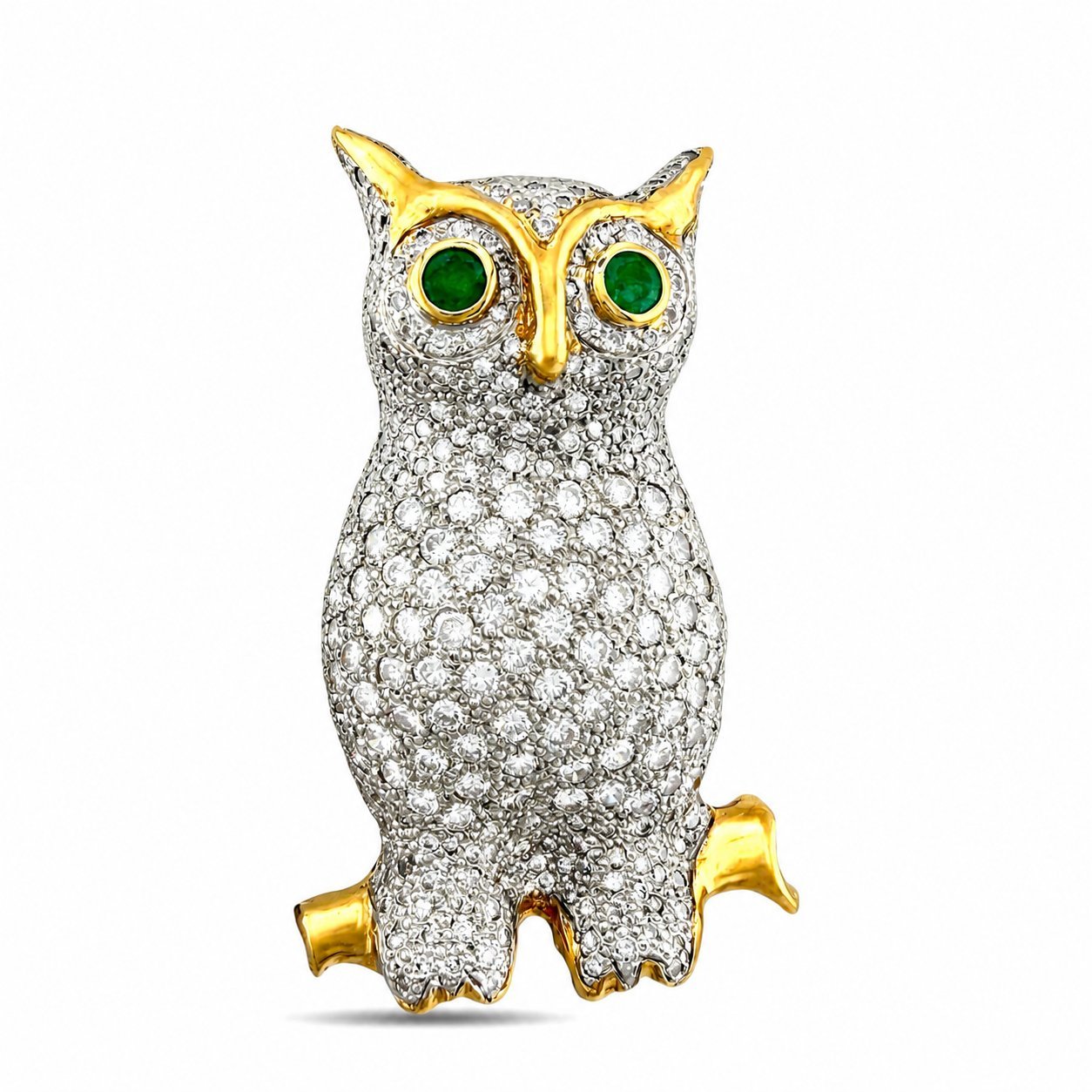 French 14K Yellow Gold 10.00ct Diamond and 0.30ct Emerald Owl Brooch