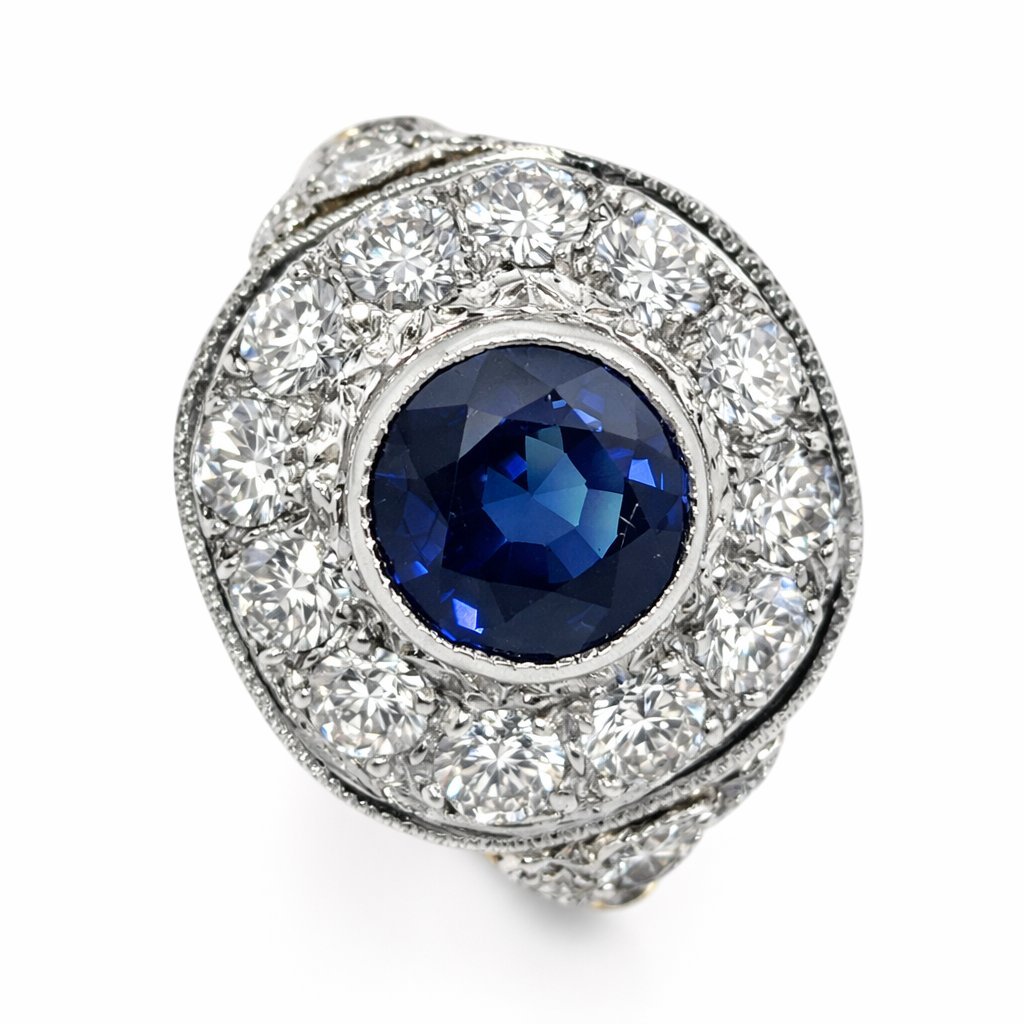 18K White Gold 3.5ct Diamond and 3ct Sapphire Art Deco Ring