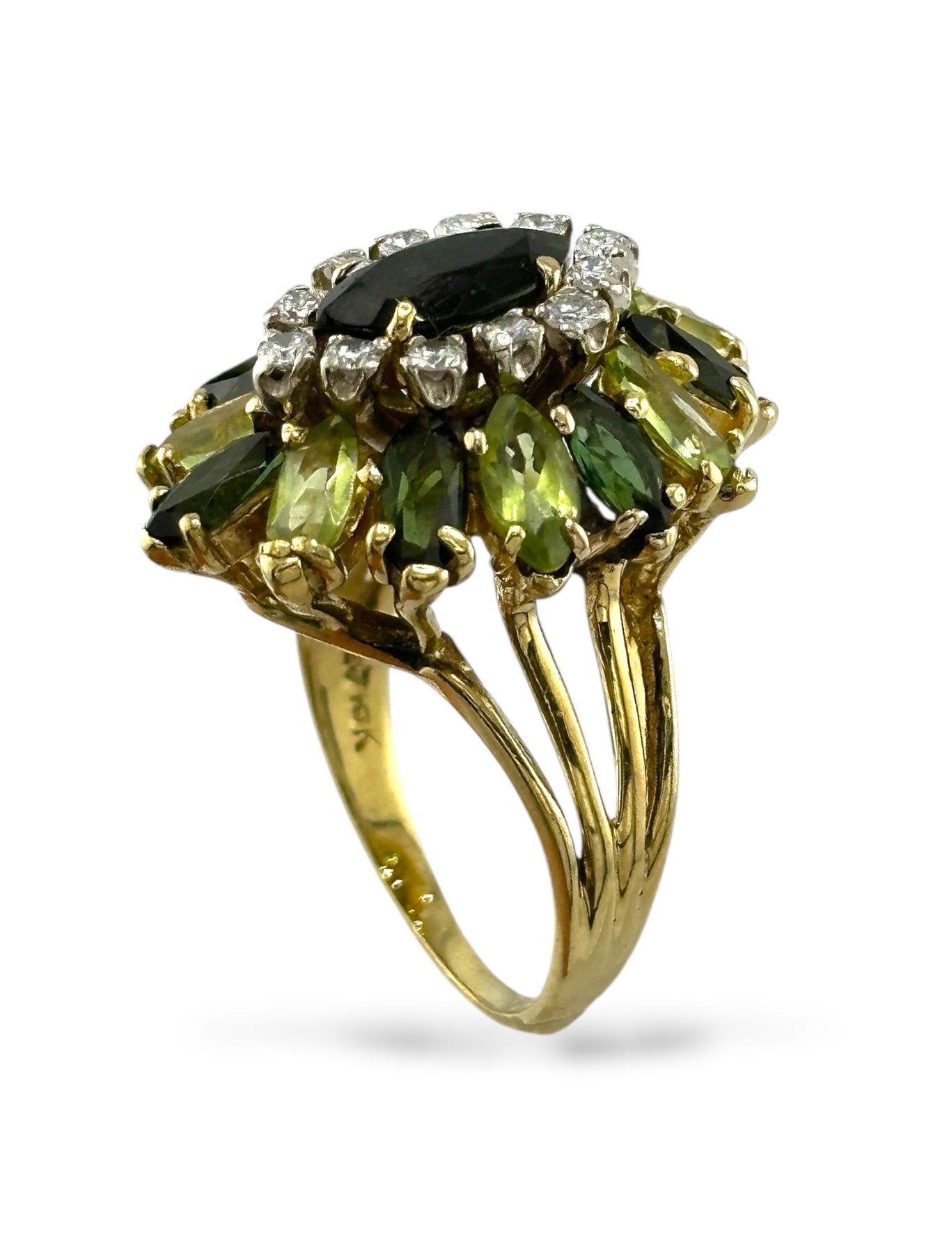 18K Yellow Gold Diamond, Tourmaline & Peridot Cluster Ring