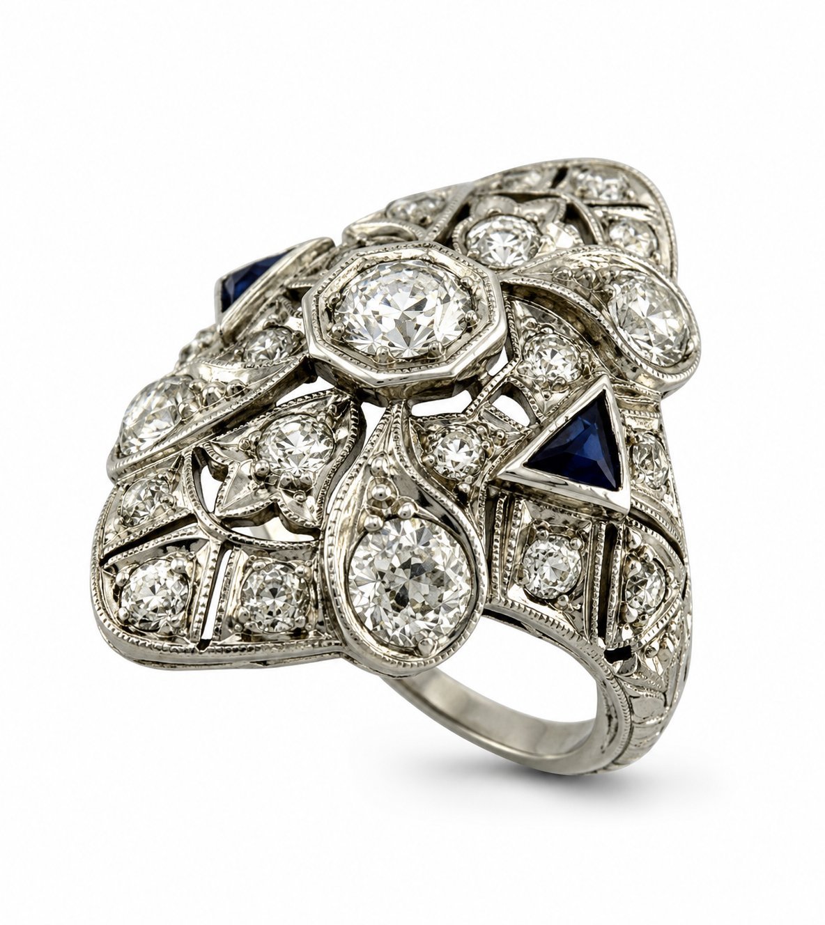 Art Deco diamond ring with blue triangle sapphire and multiple round diamonds, curved setting