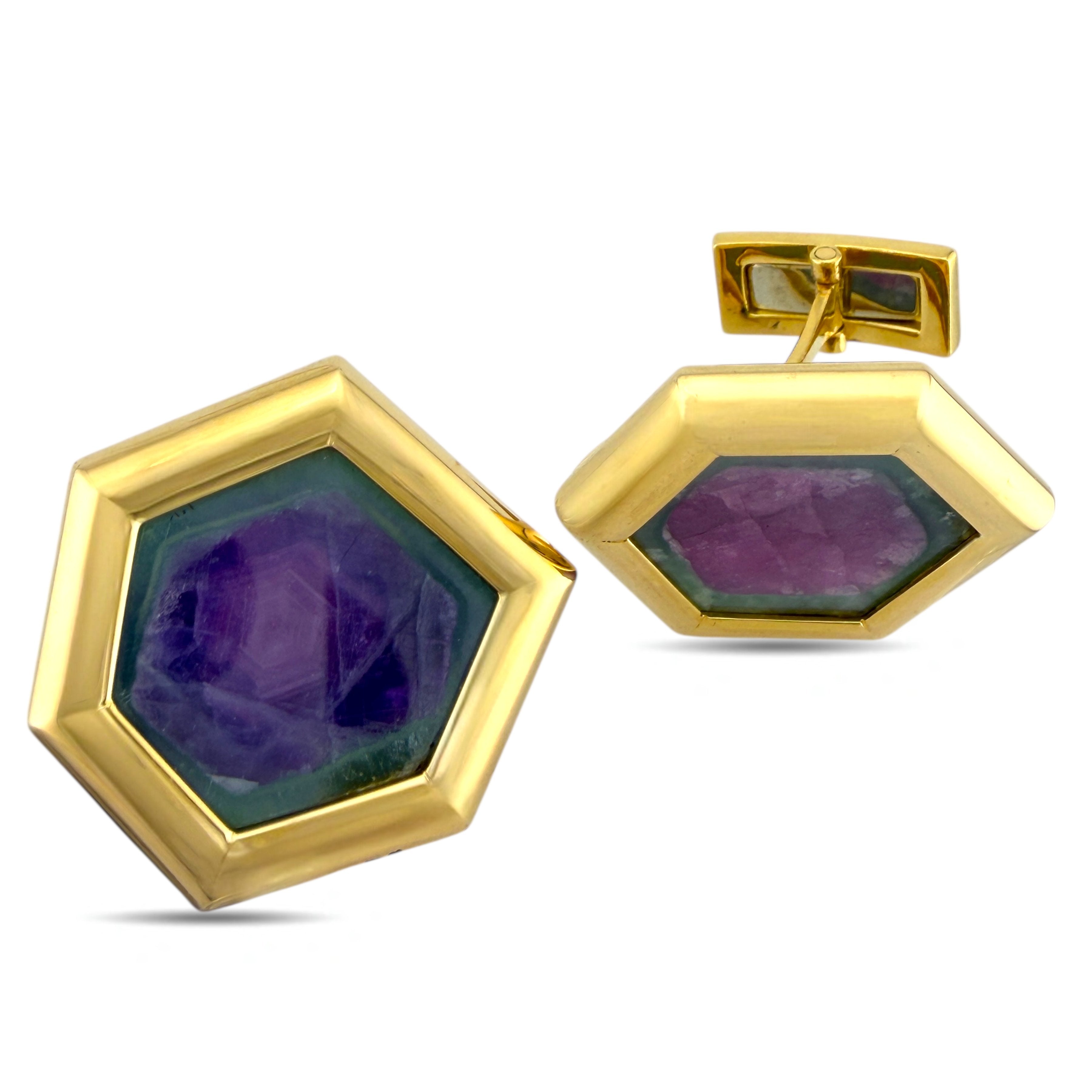 18K Yellow Gold Cufflinks with Trapiche Ruby and Amethyst