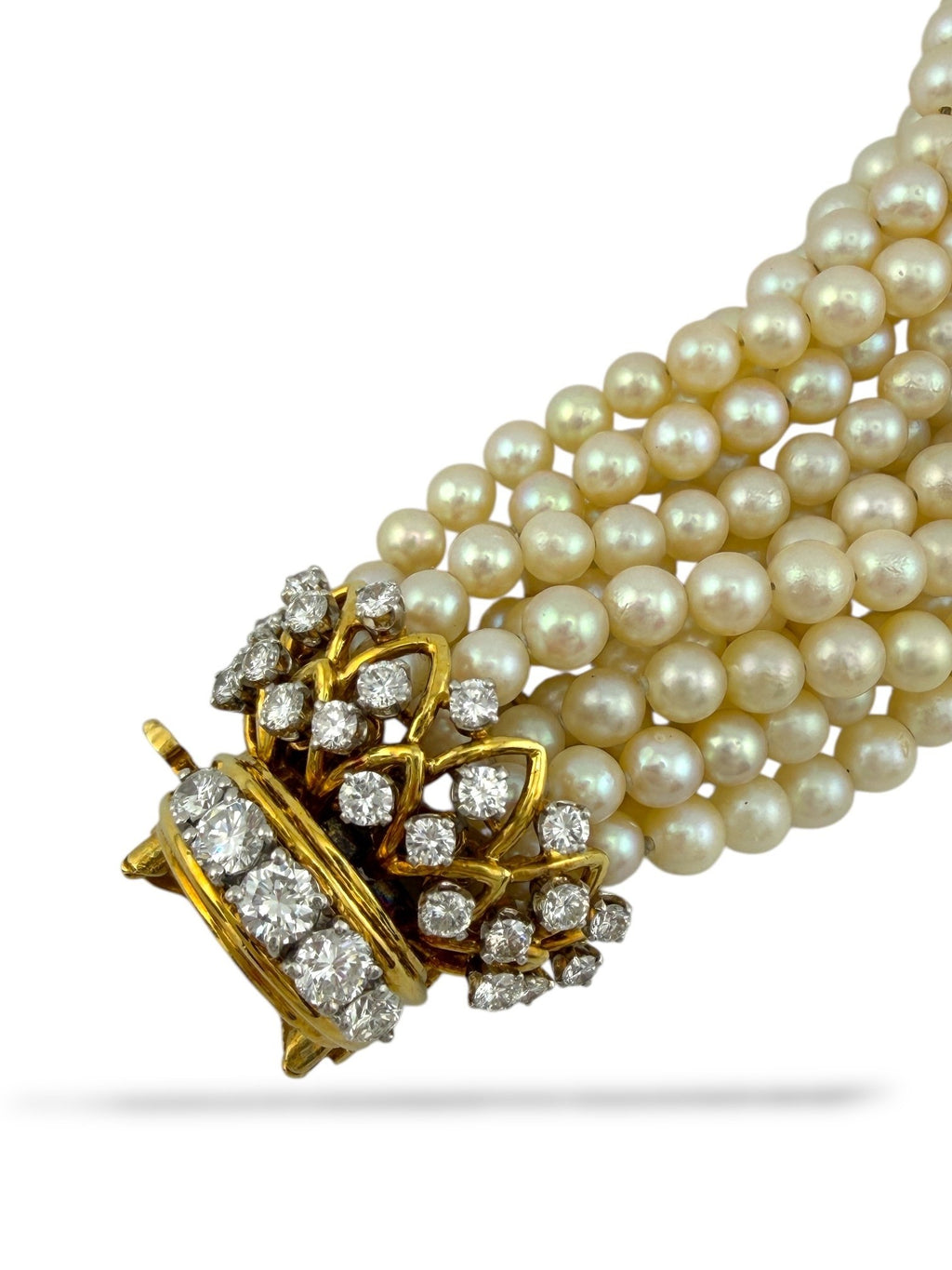 Antique 18K Yellow Gold Multi-Strand Pearl and 4.3ct Diamond Bracelet