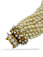 Antique 18K Yellow Gold Multi-Strand Pearl and 4.3ct Diamond Bracelet