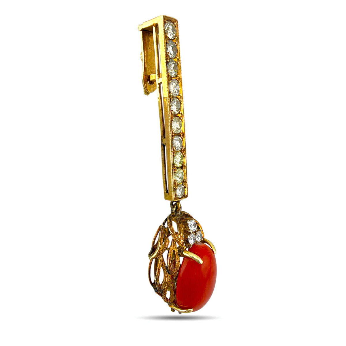 Side view of rose gold coral drop pendant with a diamond-set bar and openwork setting