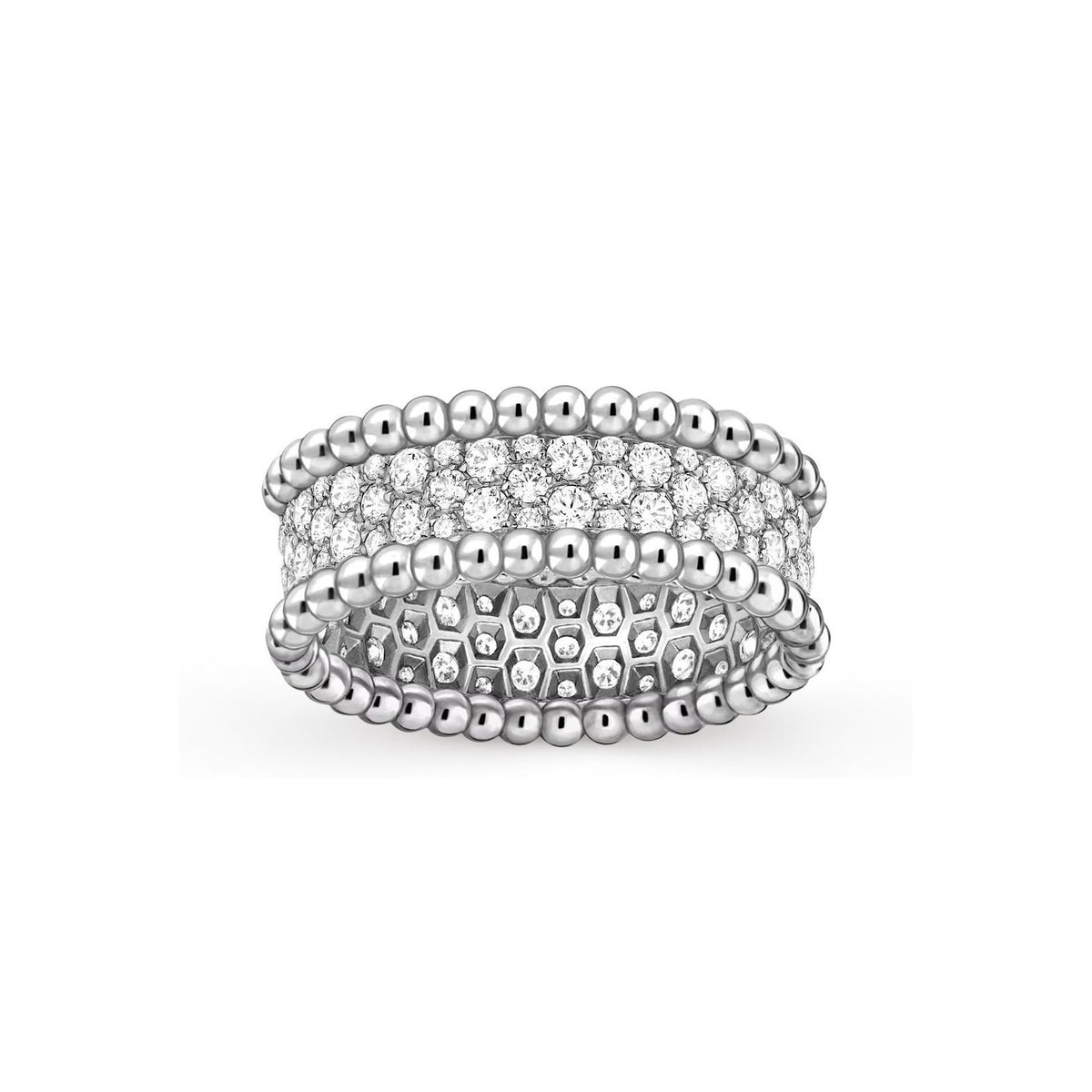 Van Cleef & Arpels Perlee diamond band ring showing its three rows and underside setting