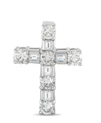 Round and baguette diamond cross pendant in 18K white gold, front view
