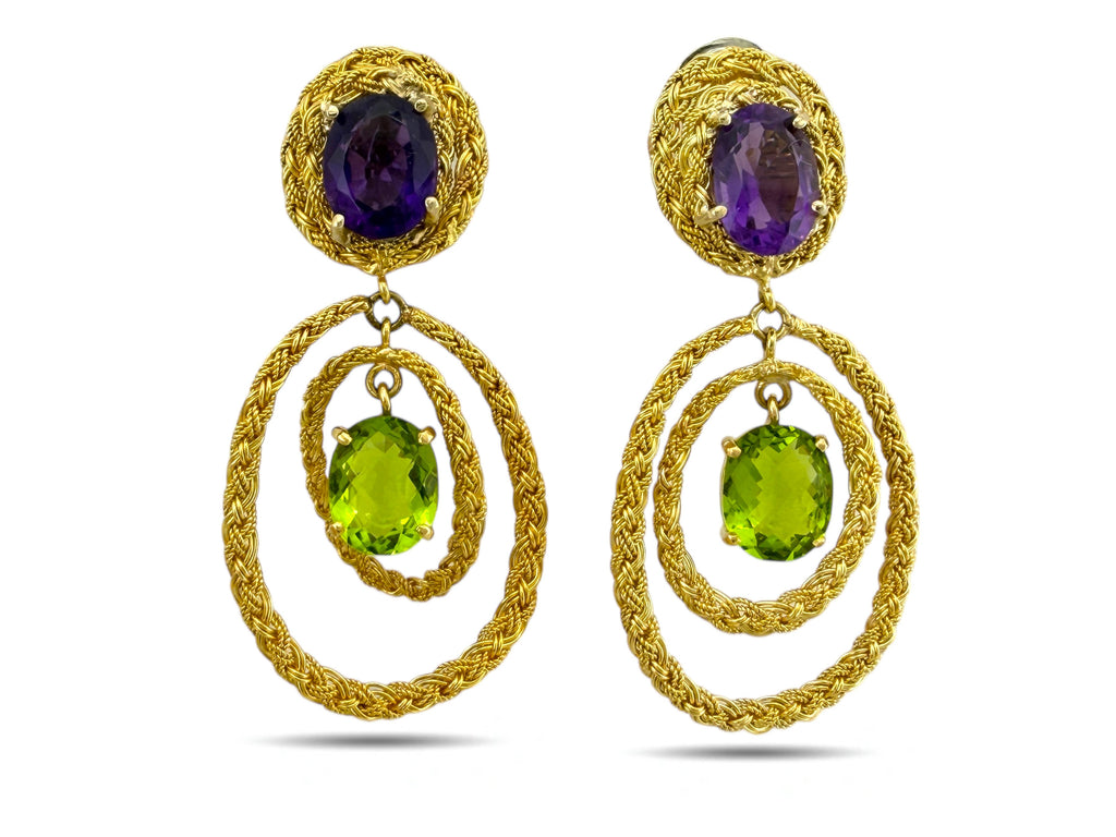 18K Yellow Gold Amethyst and Peridot Clip-On Earrings