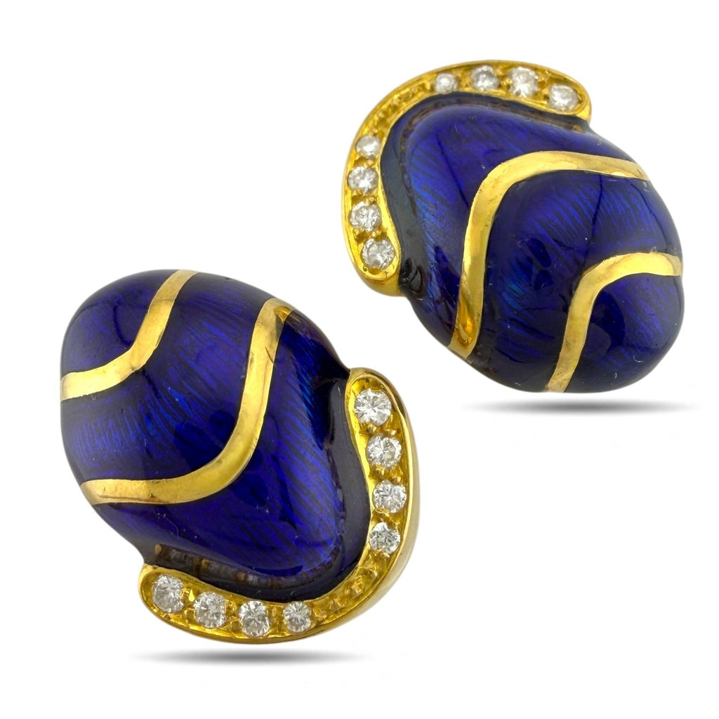 14K Yellow Gold Blue Enamel and 0.24ct Diamond Earrings
