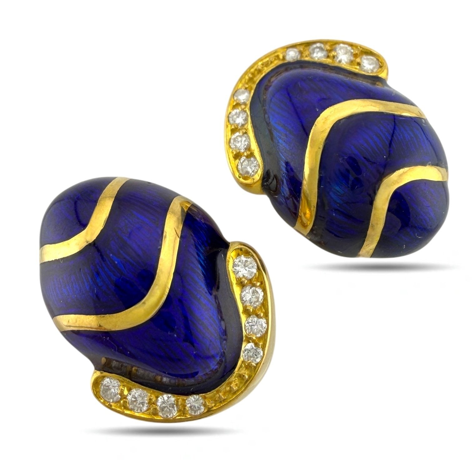 14K Yellow Gold Blue Enamel and 0.24ct Diamond Earrings