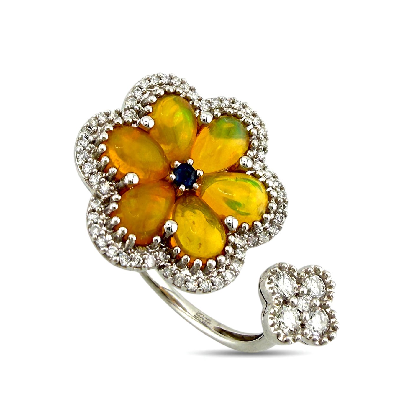 14K White Gold 1.43ct Opal, Sapphire and 0.32ct Diamond Flower Bypass Ring