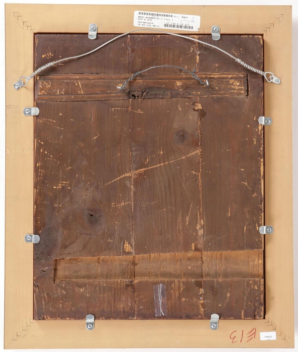 Wooden icon panel back with hanging wires and corner hardware, taped board backing