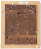 Wooden icon panel back with hanging wires and corner hardware, taped board backing