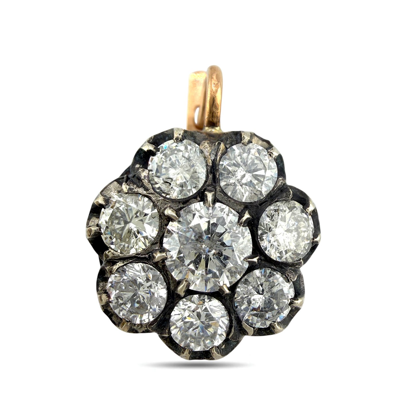 K. Faberge rose gold diamond cluster earring with large round center stone