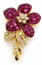 18K Yellow Gold 4.75ct Invisible Set Ruby & 0.45ct Diamond Flower Brooch