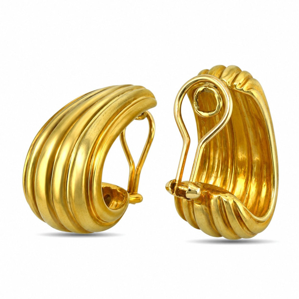 Gold clip-on earring pair with curved ribbed fronts and open clip backs