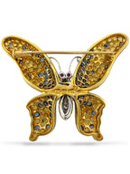 18K Yellow Gold Multi-Color Sapphire, Diamond, and Ruby Butterfly Brooch