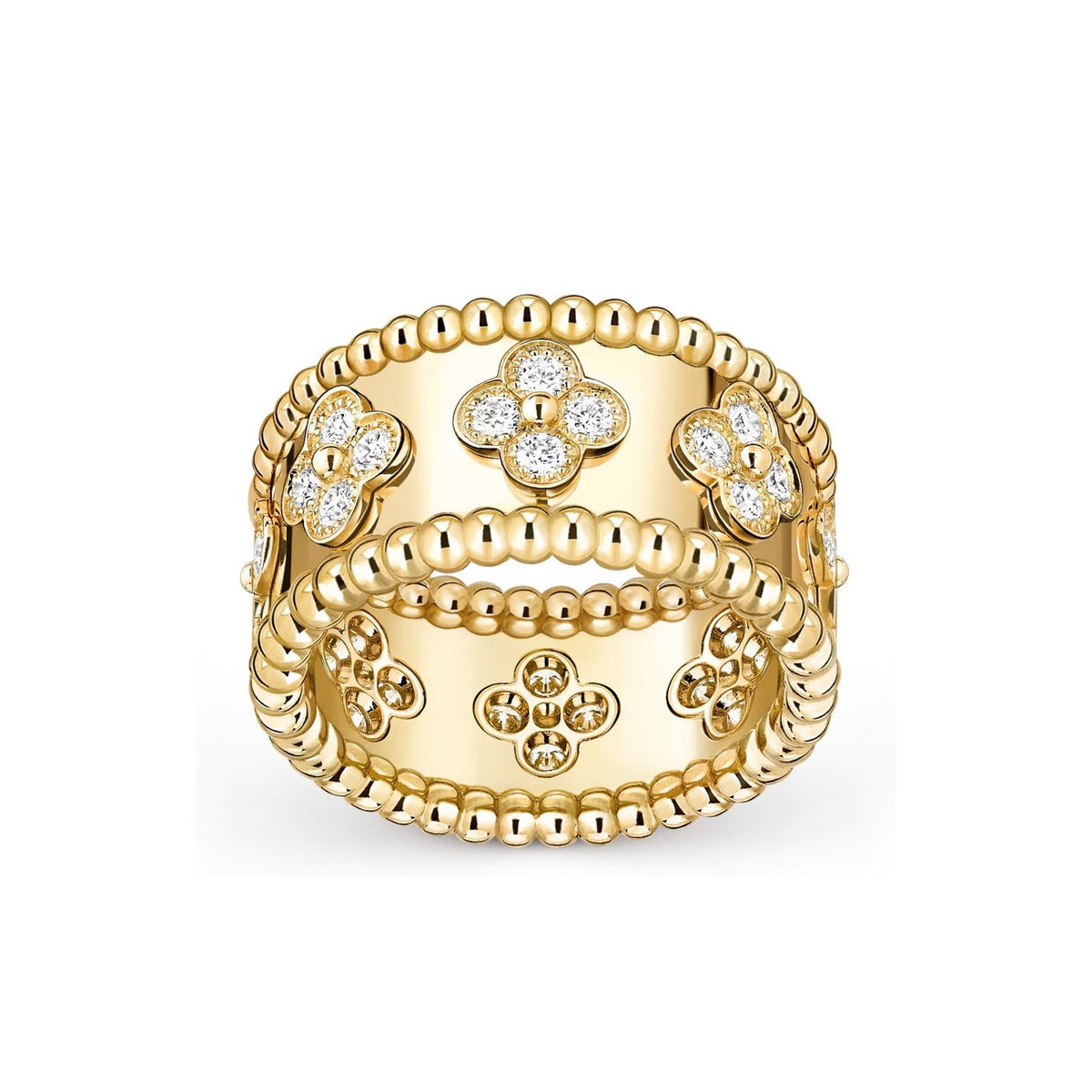Van Cleef & Arpels yellow gold diamond clover ring with beaded bands