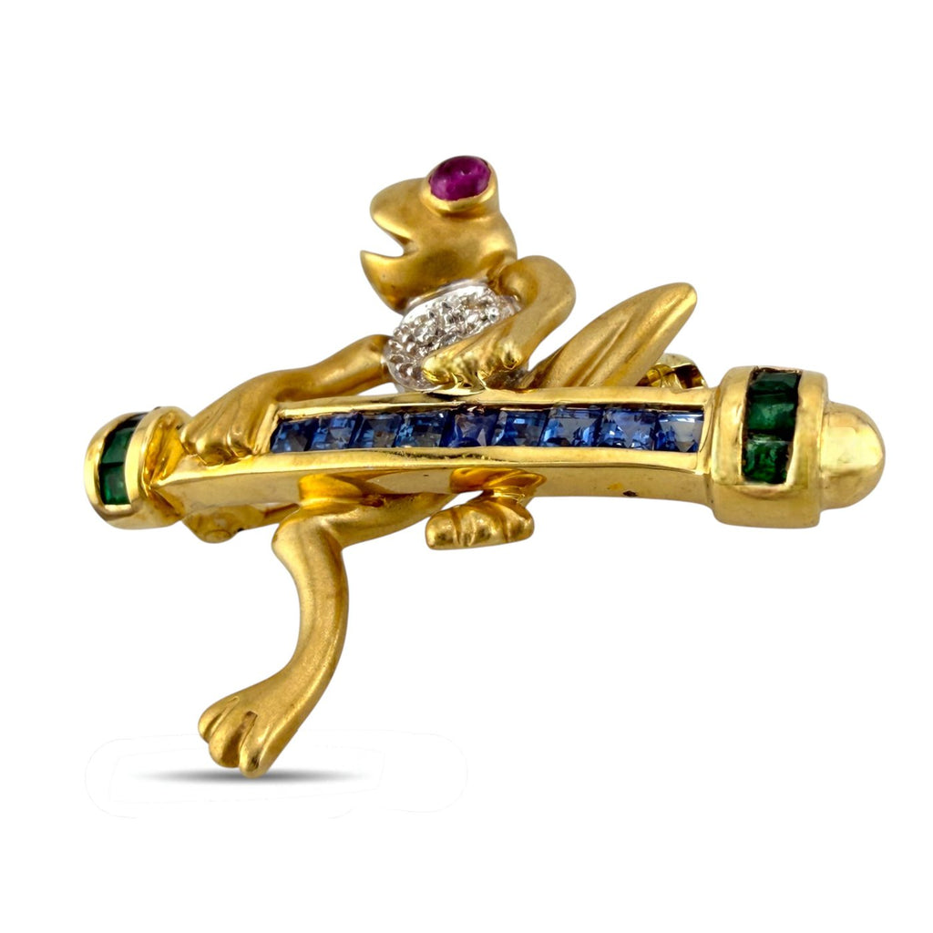 14K Yellow Gold Ruby Sapphire Emerald and 0.02ct Diamond Leaping Frog Brooch