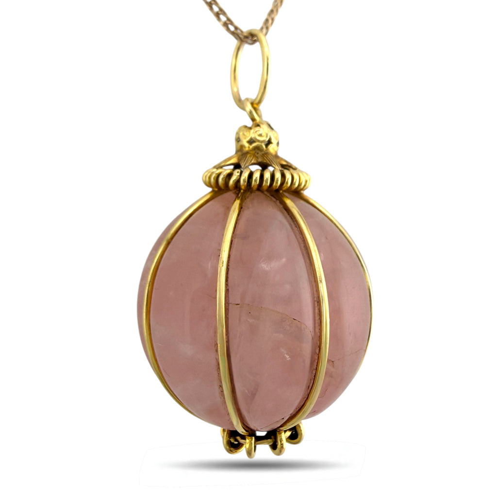 Italian 18K Yellow Gold Pink Quartz Orb Pendant