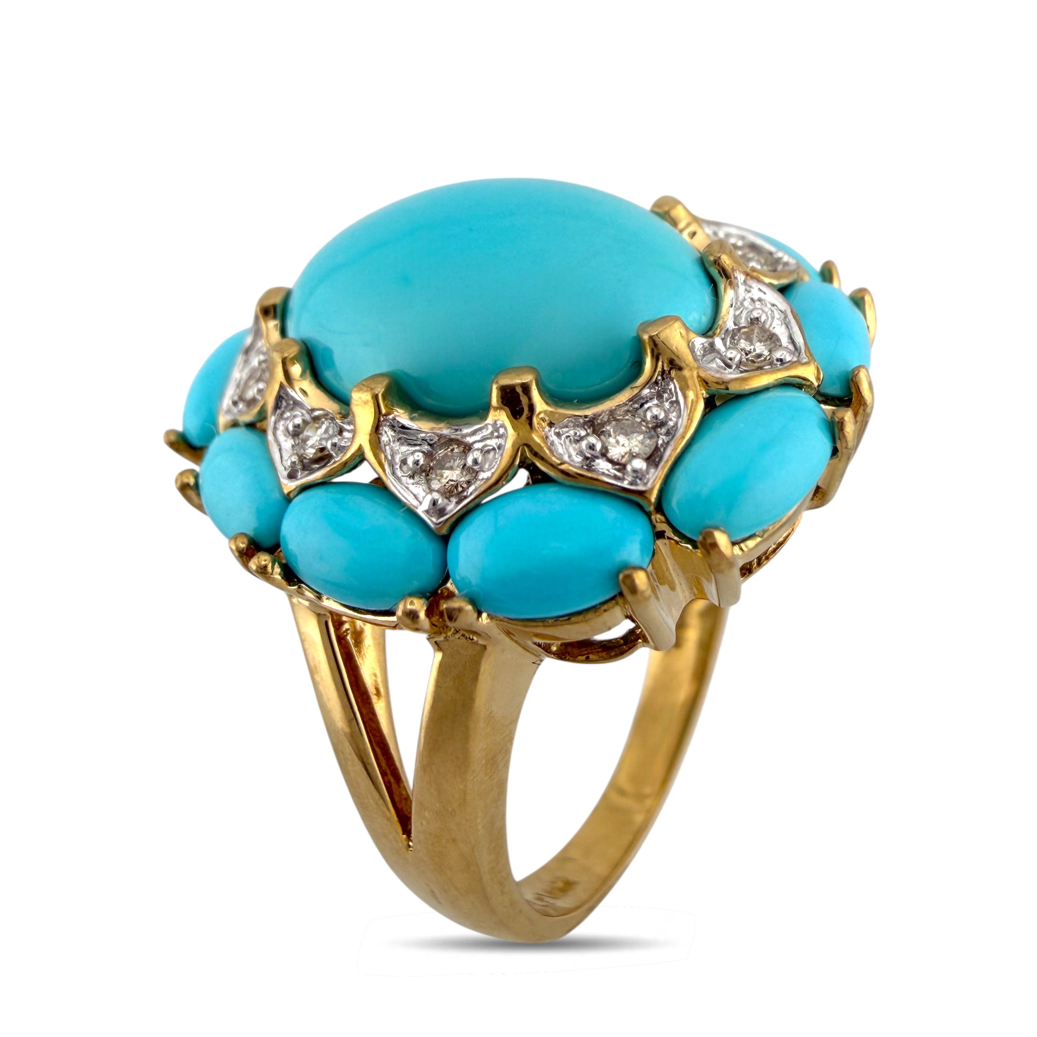 14K Yellow Gold 0.5ct Diamond and Turquoise Ring