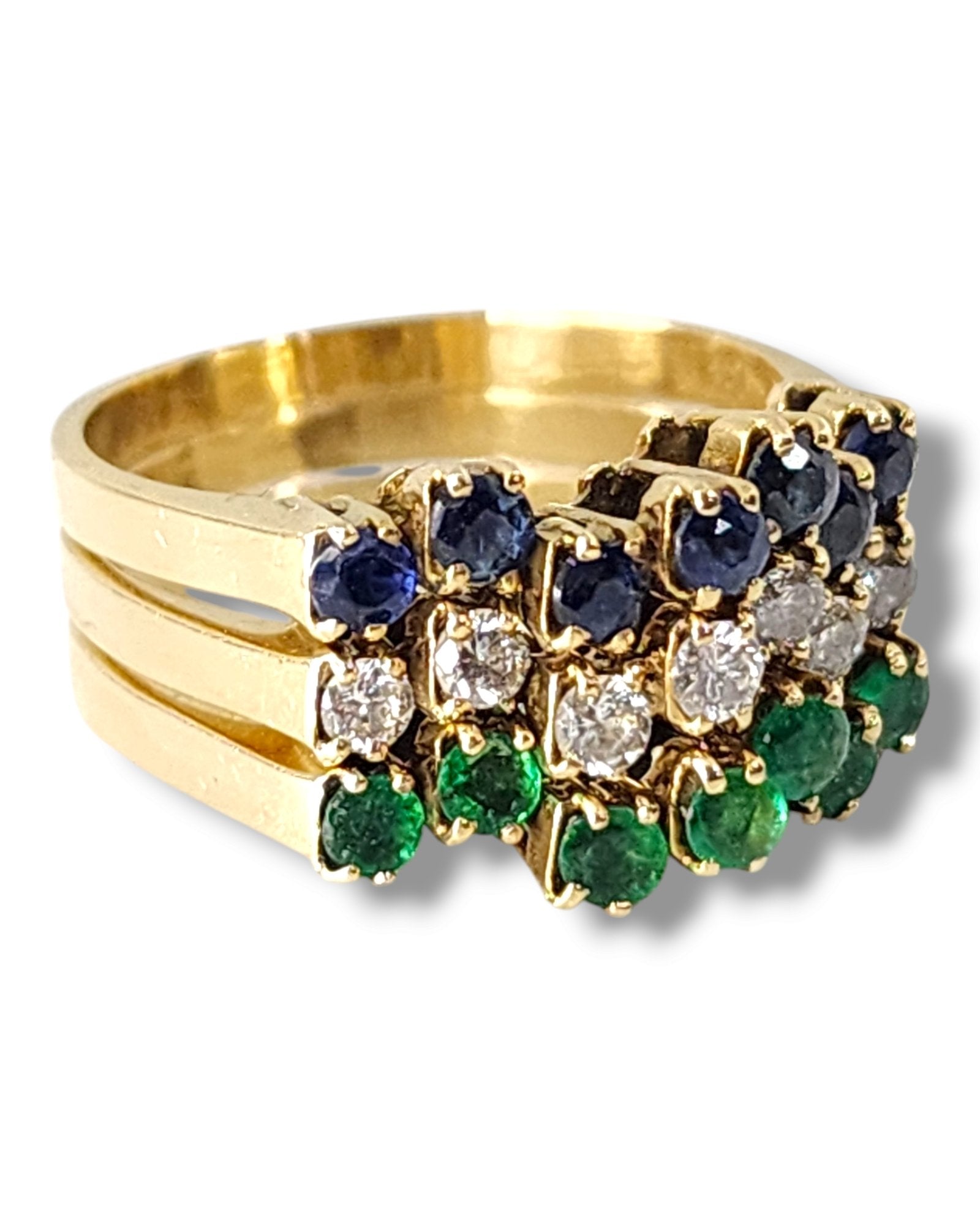 3 Pieces Stackable 14K Gold Interlocking Ring Set with Diamonds, Emeralds and Sapphires