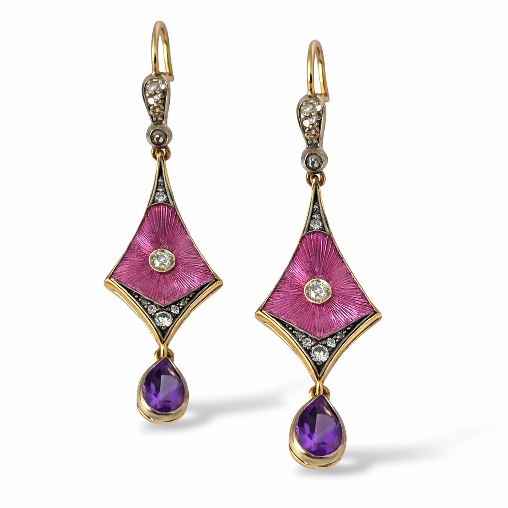 Antique Russian , 56k Gold (14k) & Diamond Earrings Circa 1900 Russe - 1.50ct. tw. Diamond