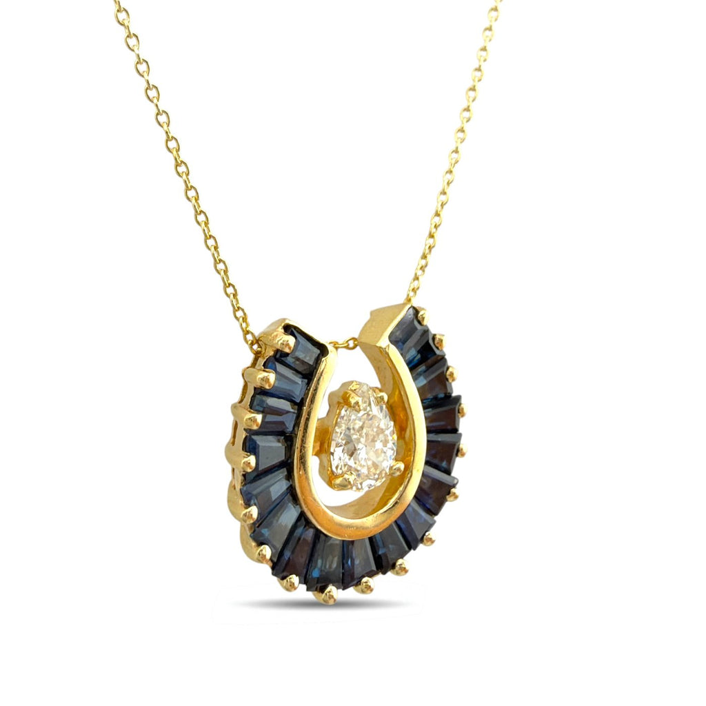 14K Yellow Gold Sapphire and 0.3ct Diamond Shoehorn Pendant Necklace